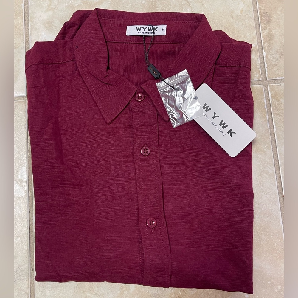 Men's Shirt WYWK 100% Cotton Short Sleeve Casual Button Down  Size M Burgundy